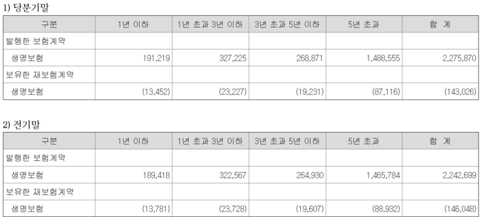 당분기말과 전기말 현재 보험계약의 기대상각기간별 보험계약마진 금액(단위=백만원).  [사진=금융감독원 전자공시시스템 캡처] 