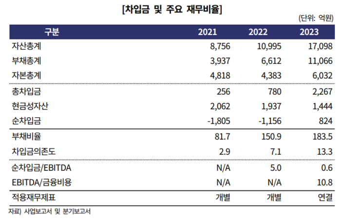차입금 및 주요 재무비율. [사진=한국기업평가 제공] 