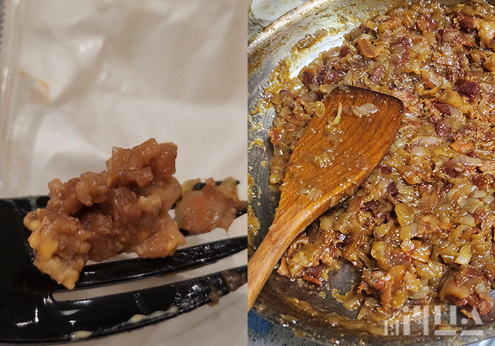 에드워드 리 싸이버거 속 베이컨 잼(좌)과 직접 만들었던 베이컨 잼(우) [사진=황민우 기자]