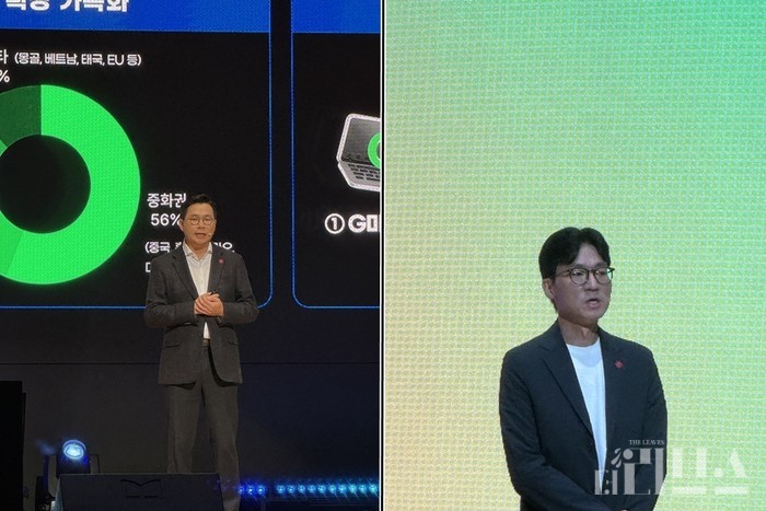 (좌)이민기 셀러그로스 담당과 (우) 김정우 PX본부장이 21일 열린 ‘G마켓 미디어 간담회’에서 발표하고 있다. [사진=박달님 기자]