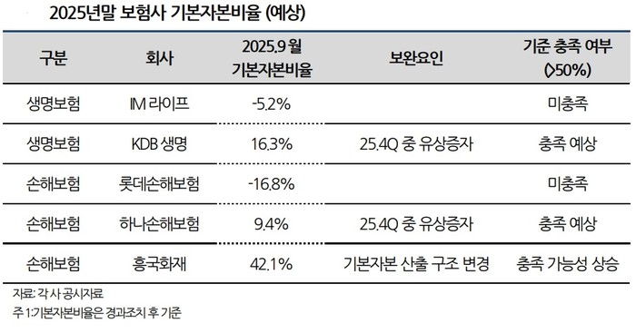 2025년말 보험사 기본자본비율 예상 수치. [사진=나이스신용평가 제공] 